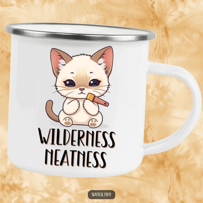 Funny Kawaii Siamese cat camping mug depicting a cat meticulously grooming itself with a tiny brush, ready for comfort.