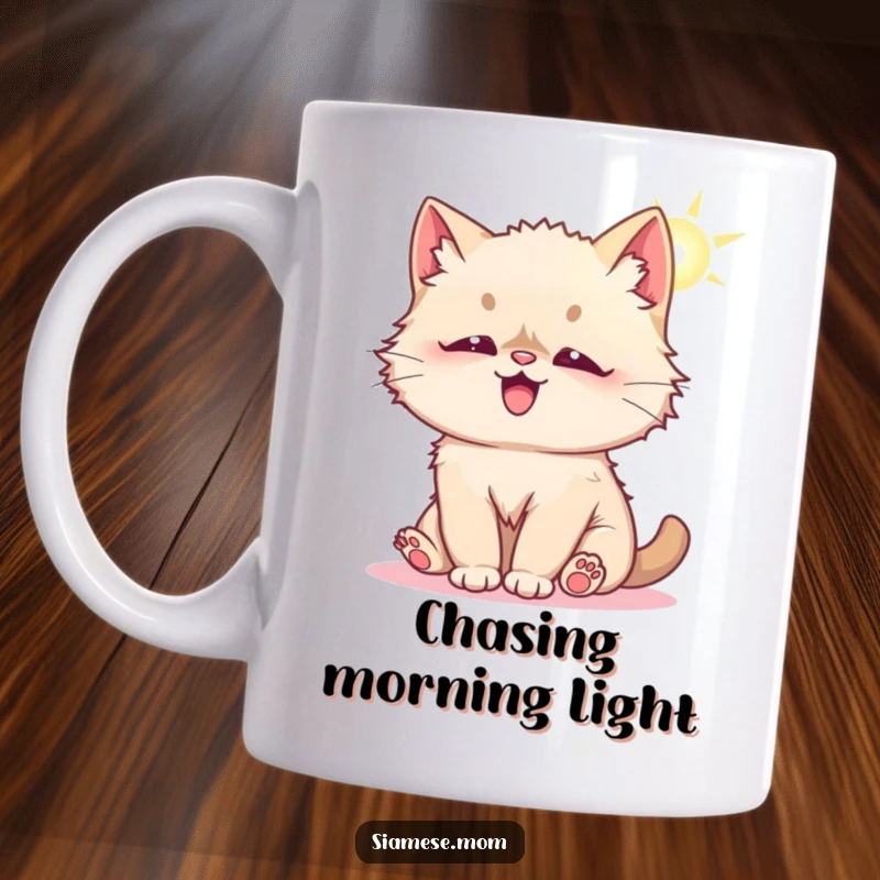 Funny mug showing a fluffy Kawaii Siamese cat playfully batting at a bright sunbeam, embodying innocence and playful joy.