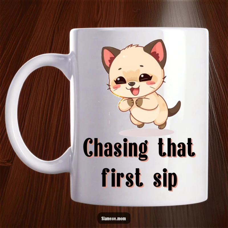 Funny Siamese cub giggling while chasing a shimmering beam of light, a playful kitten depicted on a humorous mug.