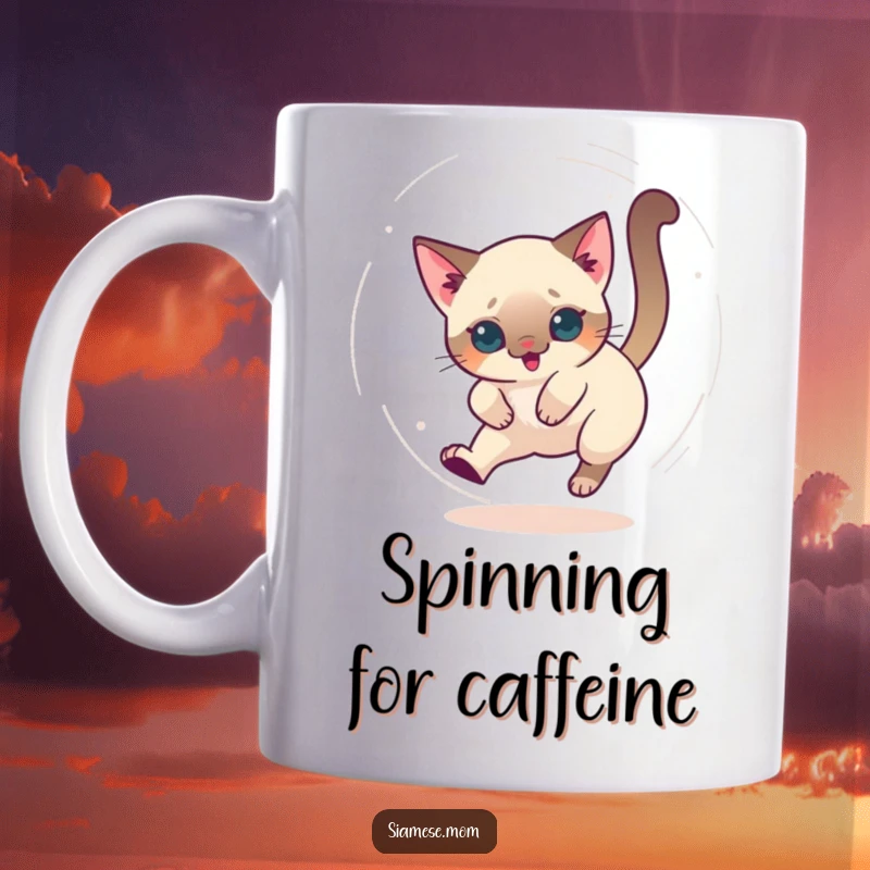Funny kawaii Siamese cat mug depicts a cat chasing its tail in a dizzy circle, full of playful energy.