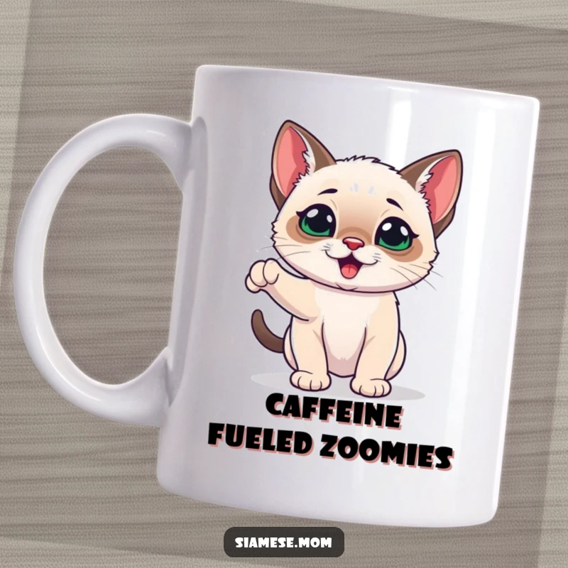 Funny Kawaii Siamese Kitten Mug radiating playful and energetic vibes, embodying pure feline joy and excitement.
