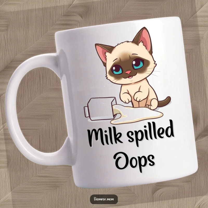 Funny Siamese cat mug, looking smugly at a spilled milk carton, embodying feline mischief and denial, a great funny gift.