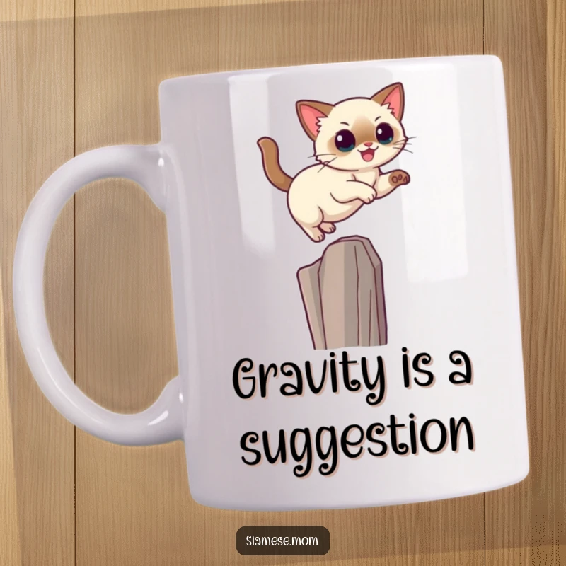 Funny Kawaii Siamese cat mug illustrating a graceful kitty leaping with elegance onto a high, elevated perch.