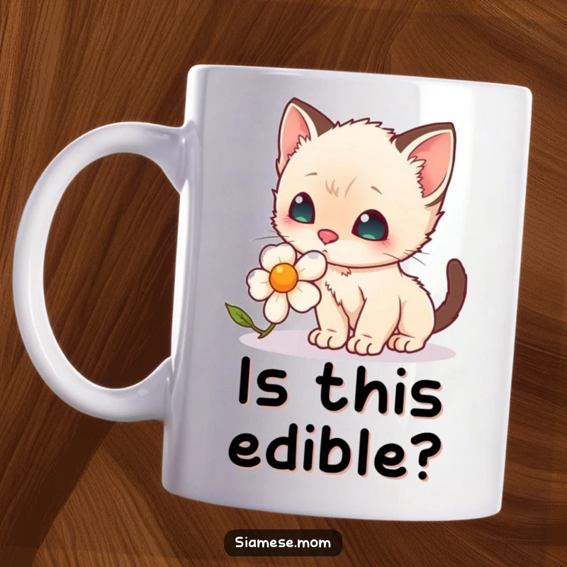Funny Kawaii Siamese kitten with a pink nose curiously sniffing a yellow flower, depicting innocent exploration on a ceramic mug.