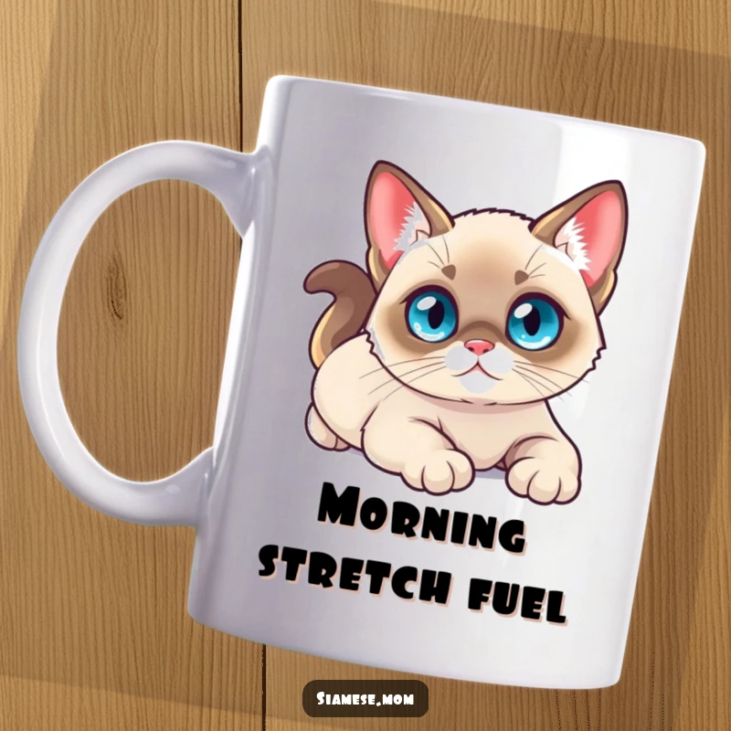 Funny kawaii Siamese cat mug with bright blue eyes, stretching luxuriously, embodying ultimate relaxation and charm.