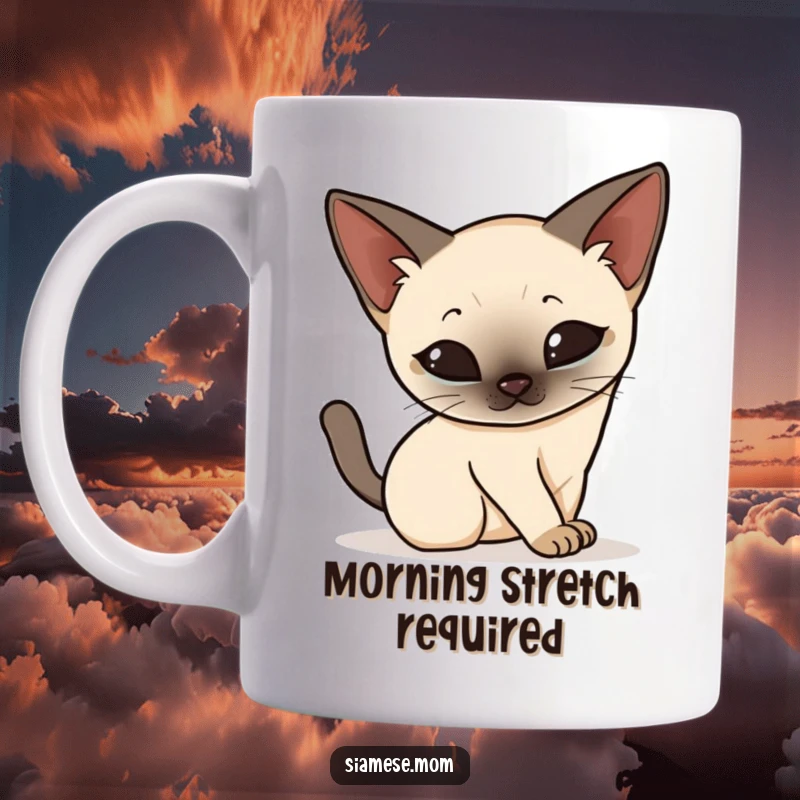 Funny Kawaii Siamese cat mug, elegantly stretching and arching its back with grace, a humorous depiction of feline flexibility.