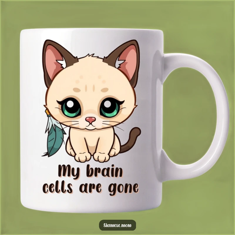 Funny Kawaii Siamese Cat Mug: Curious Kitty Batting Feather, Perfect Gift!