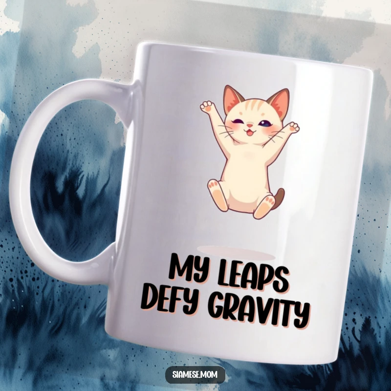 Graceful Siamese cat mug, frozen mid-air during a spectacular high jump, showcasing feline athleticism and beauty.