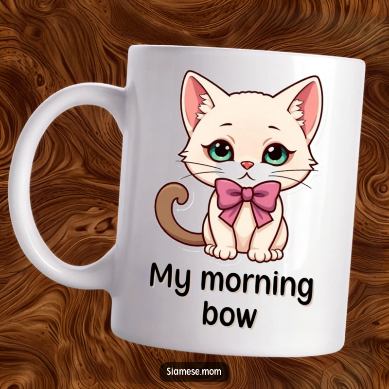 Funny kawaii Siamese cat character in a cute, elegant, and playful bow pose, perfect for a delightful coffee mug gift.