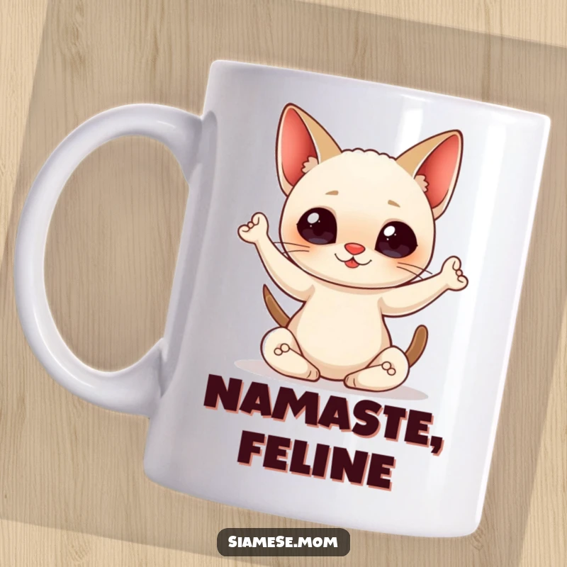 Funny Mug featuring a kawaii Siamese cat in a serene yoga pose with a joyful smile, promoting relaxation and feline charm.