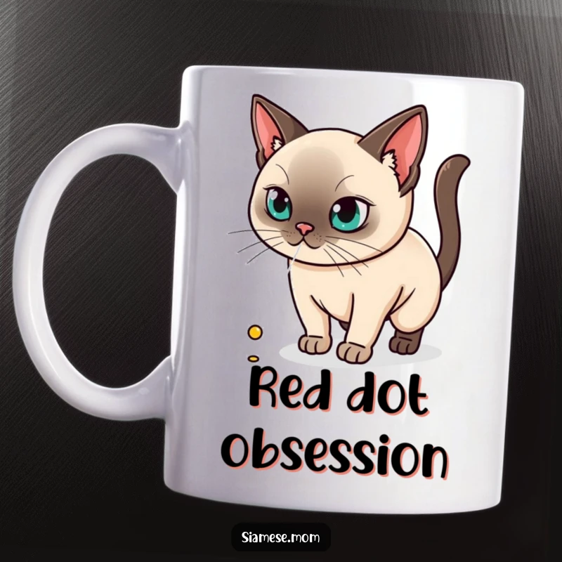 Funny kawaii Siamese cat mug showing the feline laser-focused on a tiny red dot, mid-chase with determination.