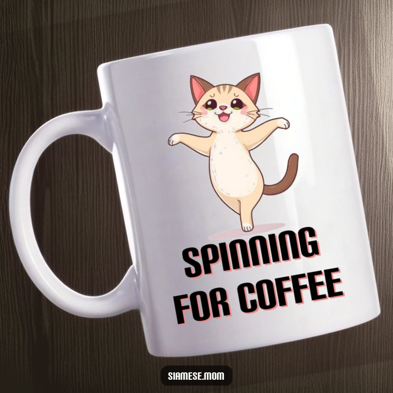 Funny cute Siamese cat character performing a joyful, ballet-like pirouette, perfect for a funny gift mug.
