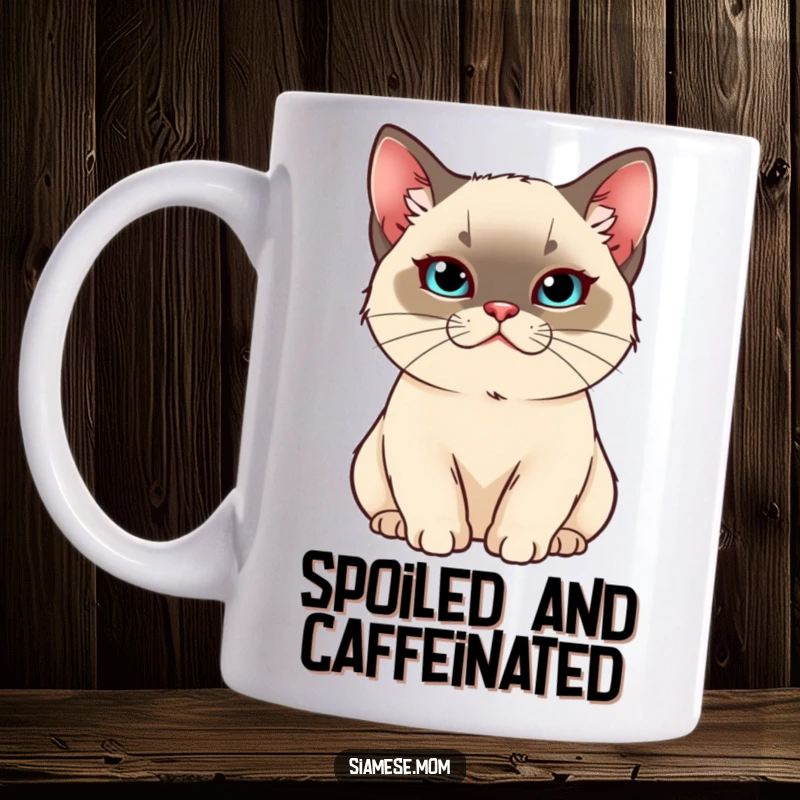 Funny Kawaii Siamese cat mug showing a regal cat looking smug while being pampered, exuding pampered luxury.
