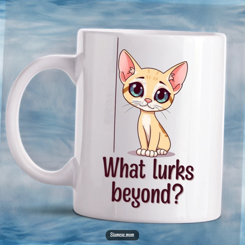 Funny slender cat mug, with big curious eyes, peeking around a corner, capturing playful feline curiosity, a great funny gift.