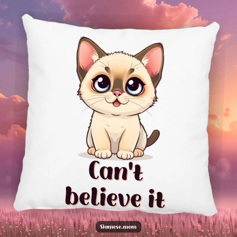 Funny Throw Pillow: A plush cushion showcasing a kawaii Siamese kitten with comically huge, startled eyes.