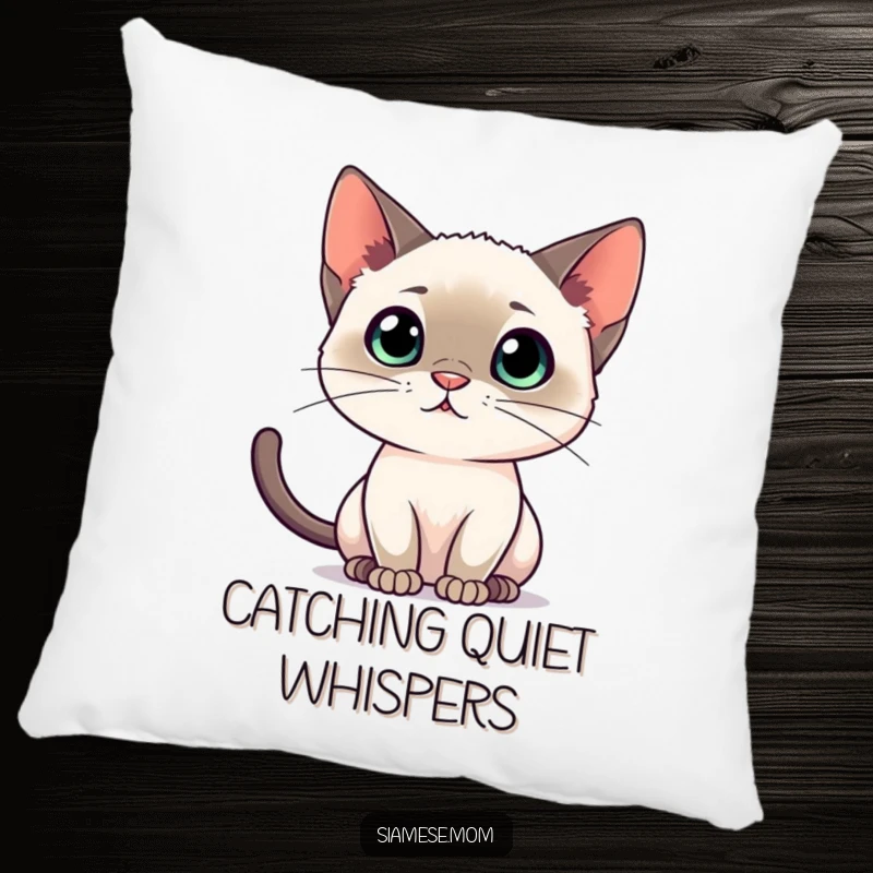 Funny Siamese cat pillow, showing a cat listening intently, offering comfort with quiet observation.