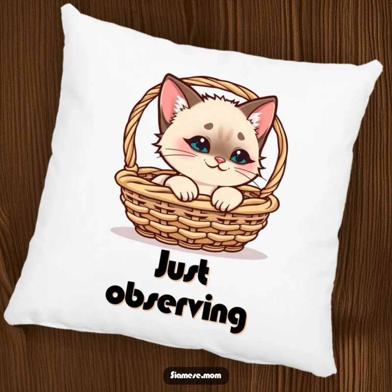 Funny Siamese Cat Pillow, cute kawaii cat peeking from a basket with a playful smirk, comfortable funny home decor.