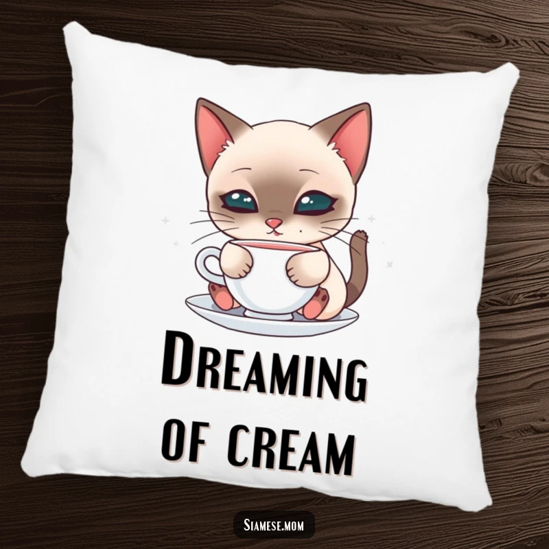 Cute pillow displaying a kawaii Siamese cat delicately sipping from a saucer, perfect for adding soft feline charm.