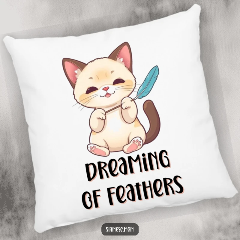 Funny Kawaii Siamese cat pillow with elegant paws batting a feather toy, providing comfort and a humorous touch for cat enthusiasts.
