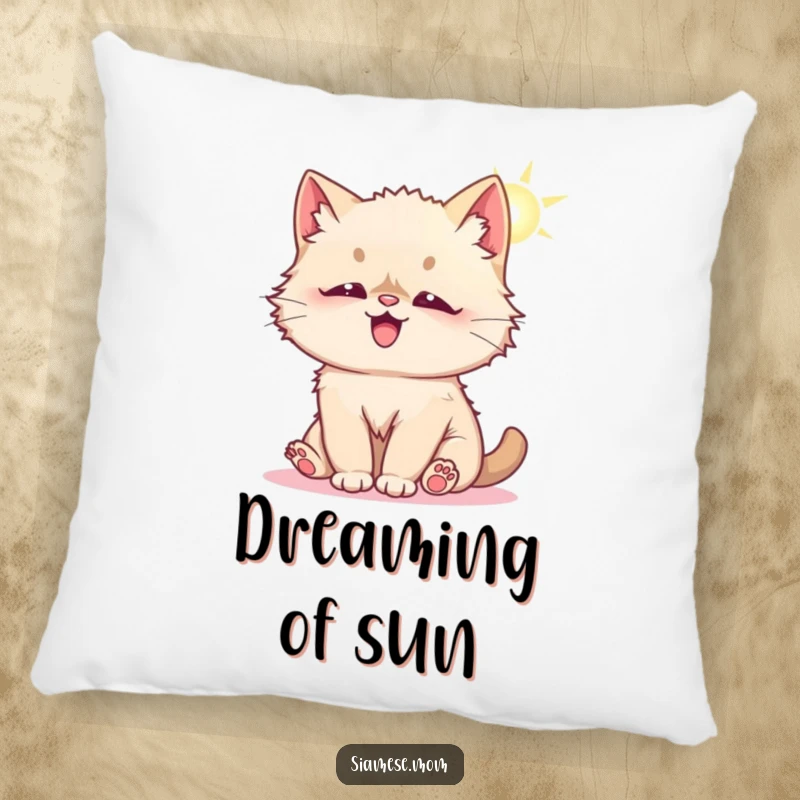 Funny pillow featuring a fluffy Kawaii Siamese cat playfully batting at a sunbeam, designed for comfort and adding a cheerful vibe.