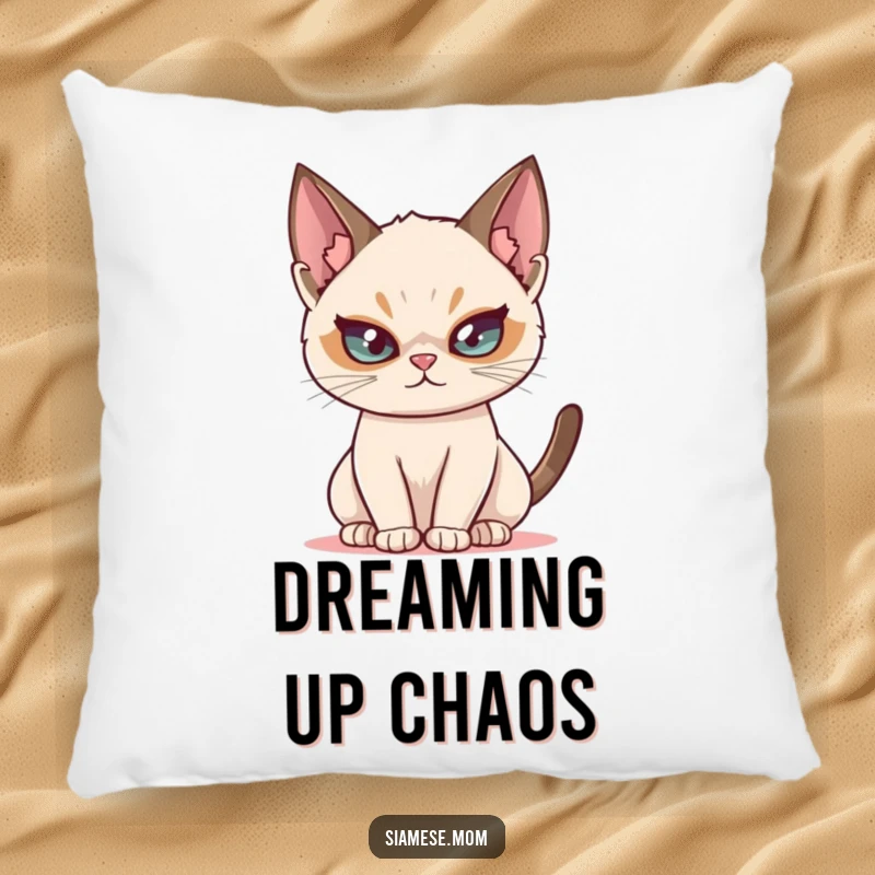 Funny Siamese cat pillow, depicting a mischievous cat with a twinkle, offering comfort with playful intent.