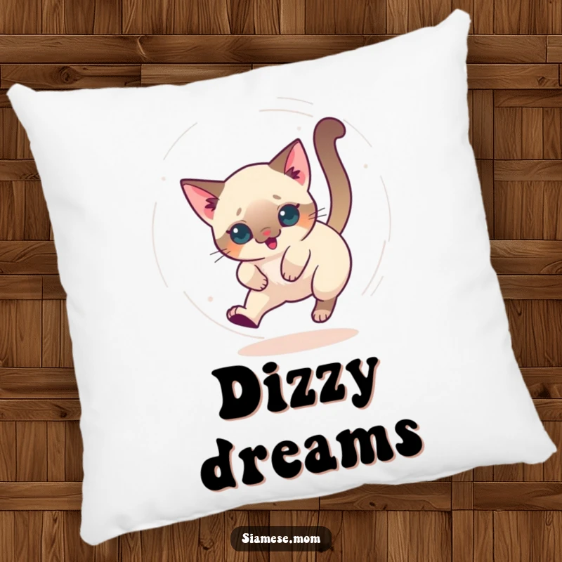 Funny pillow featuring a kawaii Siamese cat chasing its tail in a dizzy circle, ideal for cozy fun.