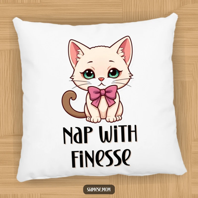 Funny kawaii Siamese cat character in an elegant, playful bow, depicted on a soft and decorative pillow.