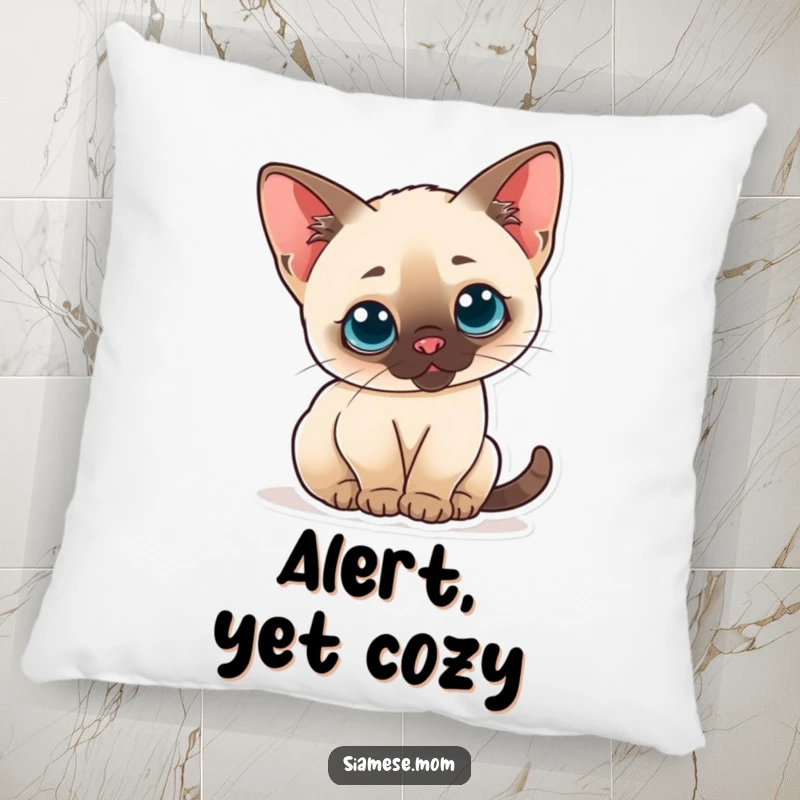 Funny pillow featuring a curious kawaii Siamese cat arching its back with perked ears, ideal for cozy comfort.