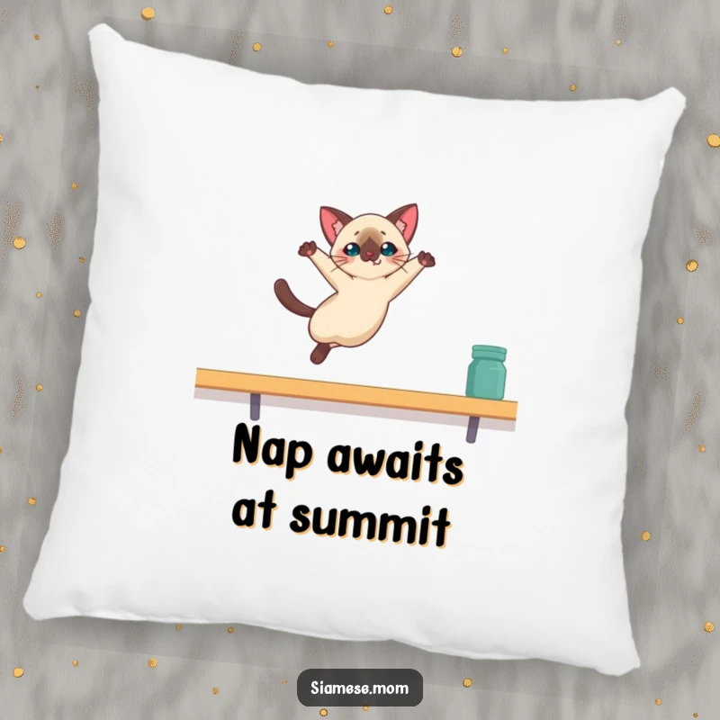 Funny Kawaii Siamese cat pillow depicting a cat leaping gracefully towards a high shelf, offering cozy humor.