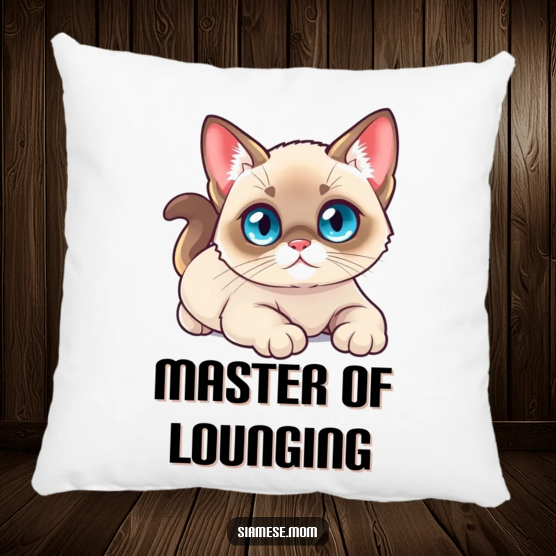 Funny pillow featuring a small kawaii Siamese cat with bright blue eyes, stretching luxuriously for ultimate comfort.