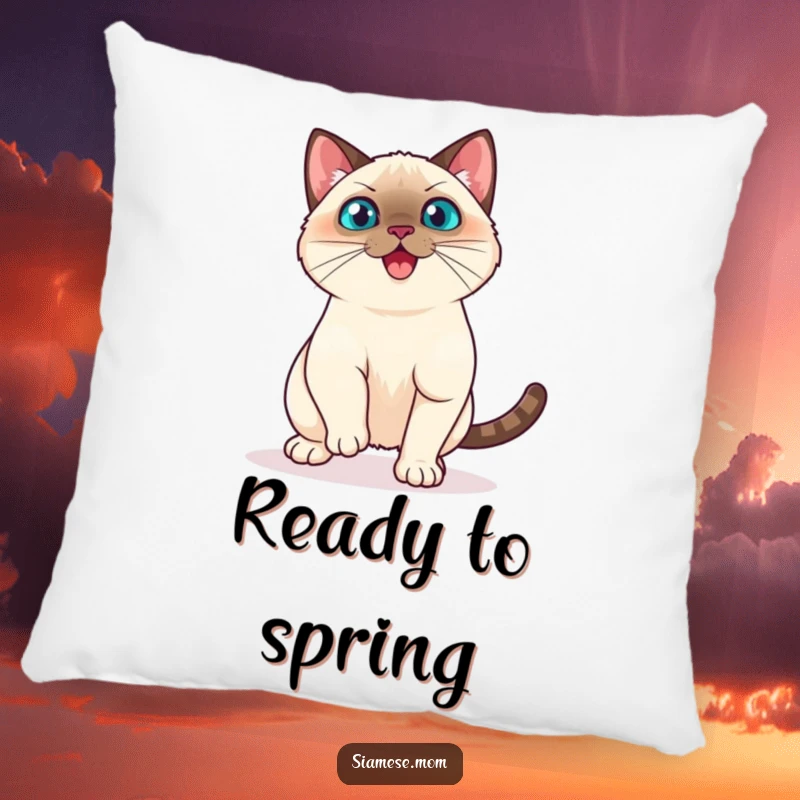 Funny Kawaii Siamese Cat Pillow Playful Pounce Ready to Spring, Comedic Action Cushion