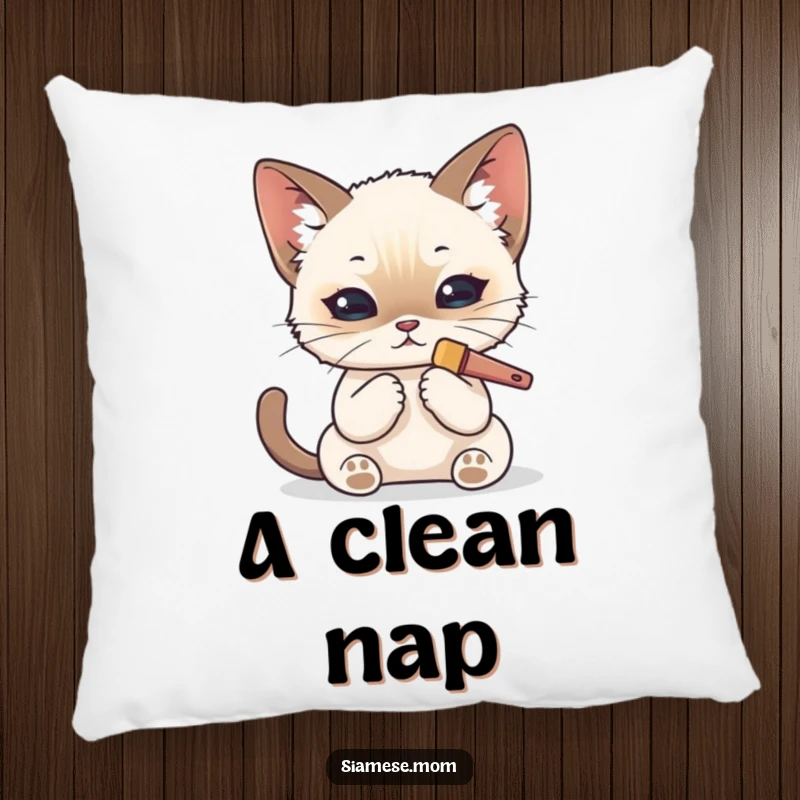 Funny Kawaii Siamese cat pillow featuring a cat meticulously grooming its fur with a tiny brush, soft and comforting.