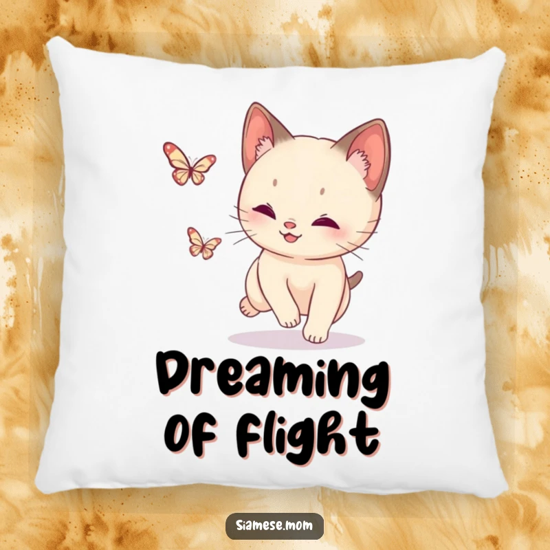 Funny Siamese Cat Butterfly Pillow: Soft cushion depicting a playful cat chasing a sparkling butterfly, a charming decor piece.
