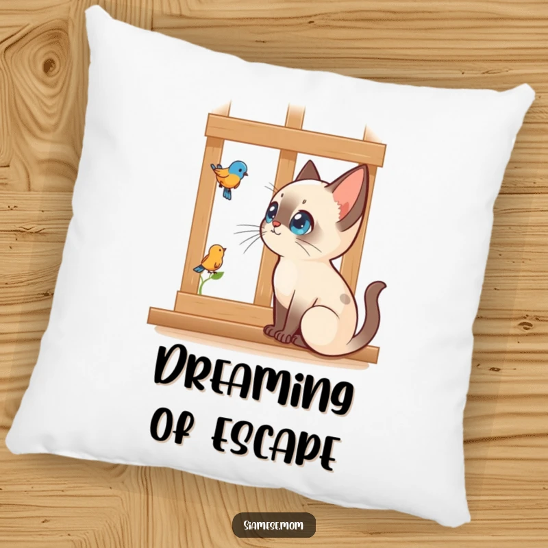 Funny Kawaii Siamese cat pillow of a cat intently watching a bird outside a window, offering cozy observation humor.