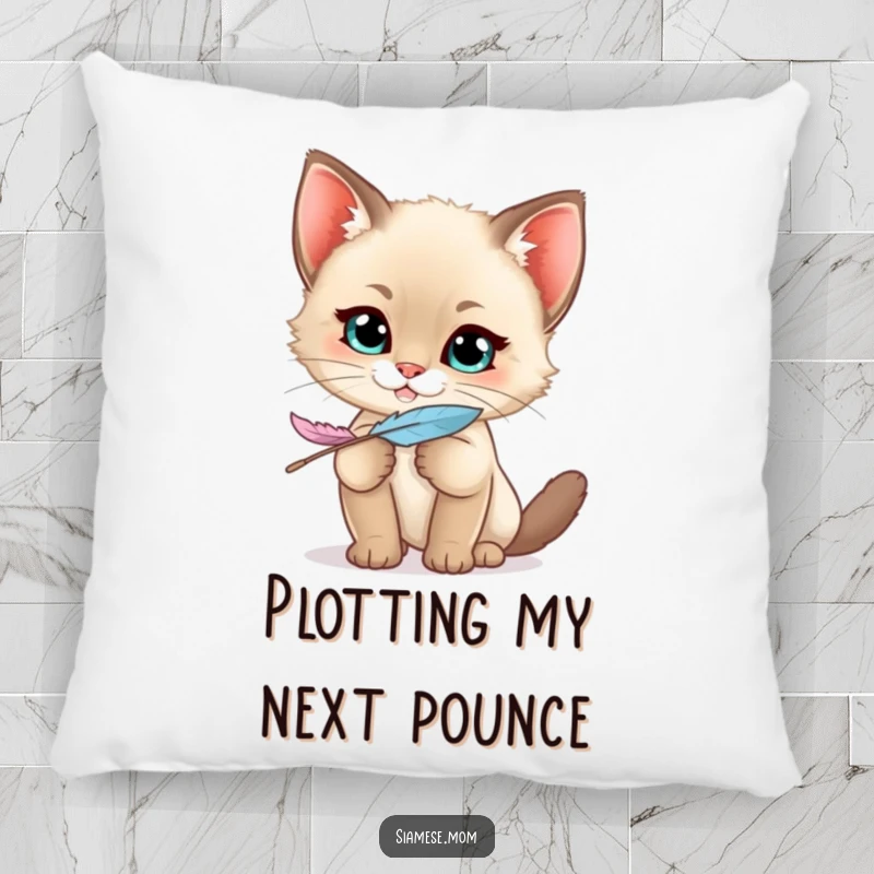 Funny Siamese Kitten Pillow with a kawaii cat's mischievous grin holding a feather, offering comfort and playful decor.