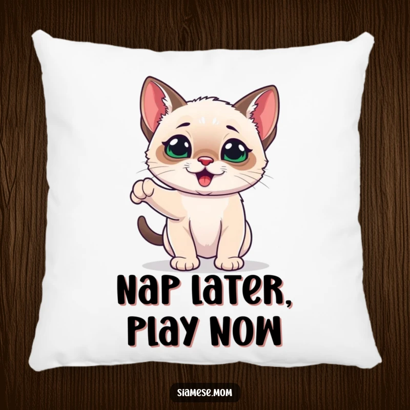 Funny Siamese Kitten Pillow offering comfort with a playful and energetic kawaii cat design, perfect for cozying up.
