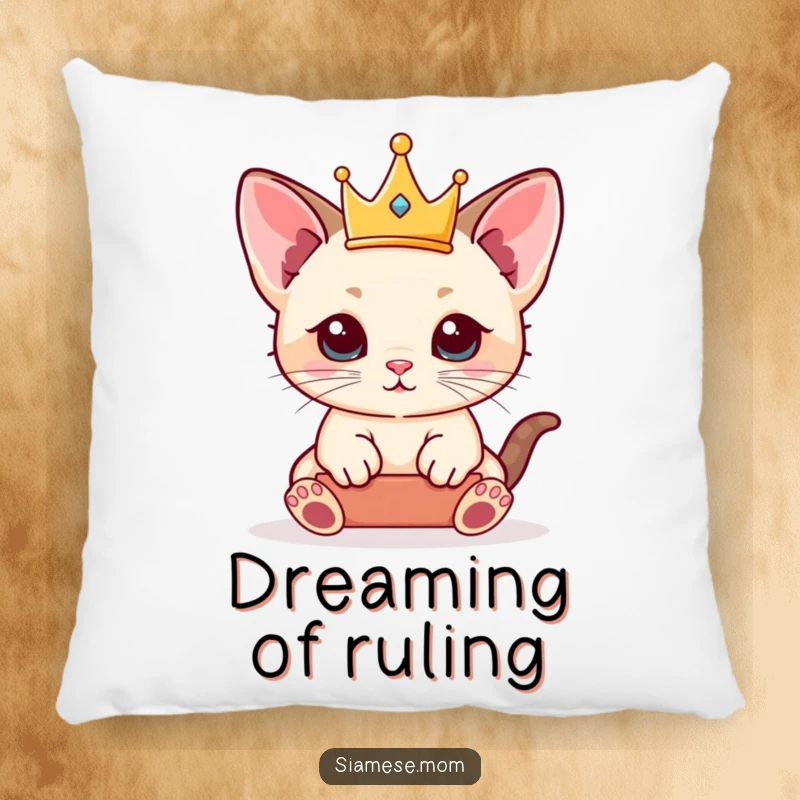 Funny Siamese Kitten Pillow offering comfort with a kawaii cat balancing a tiny crown, adding playful royal charm.