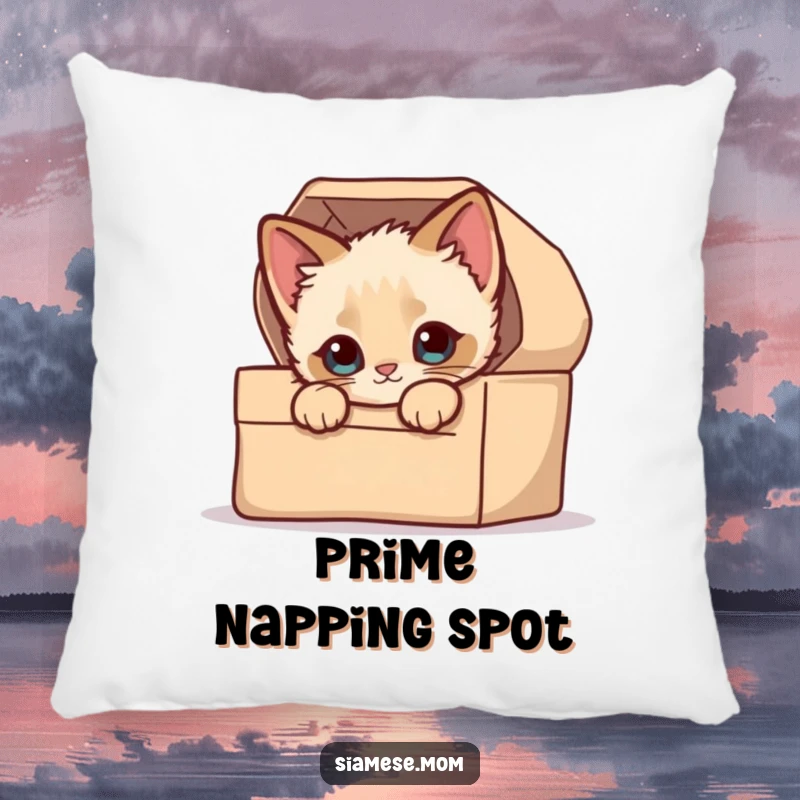 Funny Throw Pillow: A plush cushion featuring a kawaii Siamese kitten with curious eyes peeking from a soft, inviting box.