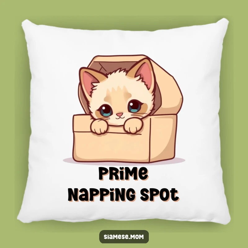Funny Throw Pillow: Kawaii Siamese Kitten's Cozy Box Comfort