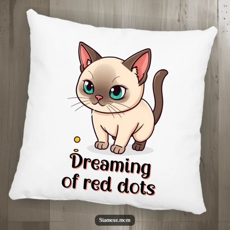 Funny decorative pillow featuring a kawaii Siamese cat in mid-chase, intensely focused on a elusive laser dot.