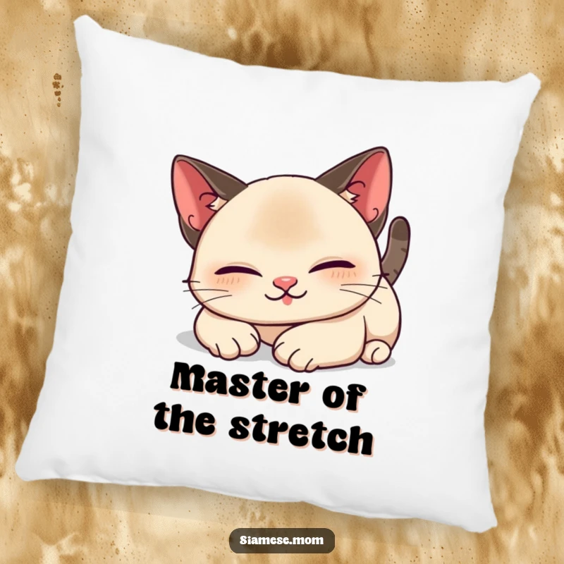 Funny Kawaii Siamese cat pillow with a lazy, contented stretch design, providing comfort and a humorous touch for cat enthusiasts.