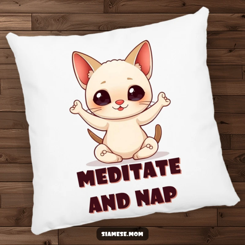 Funny Pillow depicting a kawaii Siamese cat in a serene yoga pose, offering comfort and a touch of Zen humor.