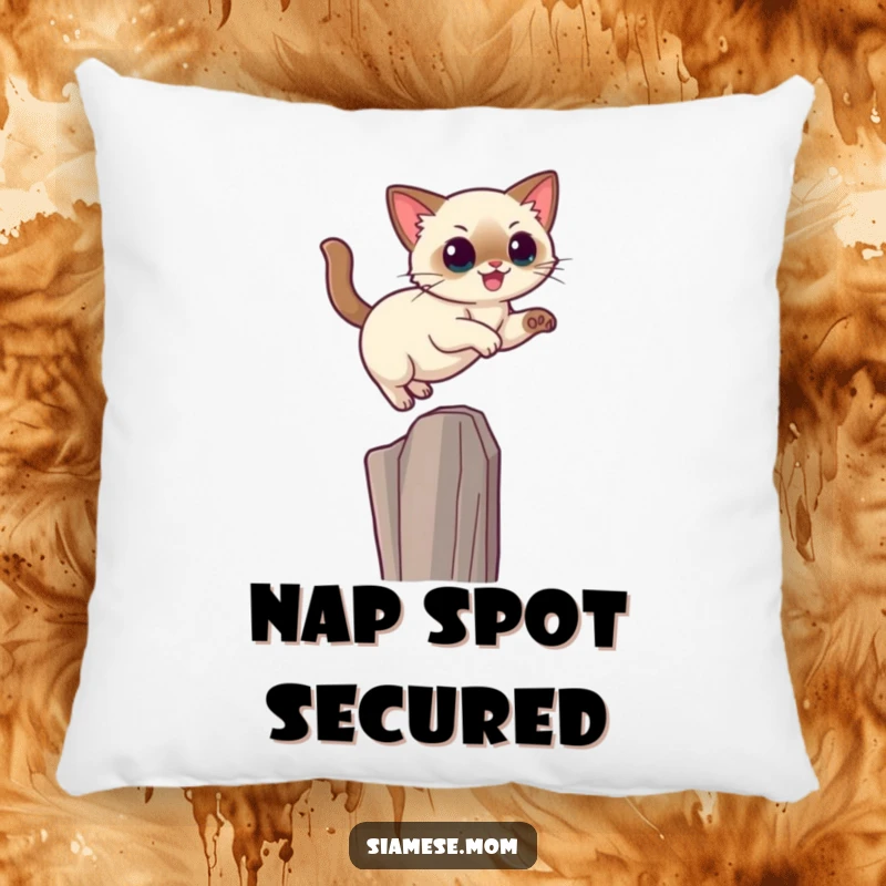 Funny Kawaii Siamese cat pillow featuring a sleek cat making a graceful leap towards a high perch, soft and comforting.