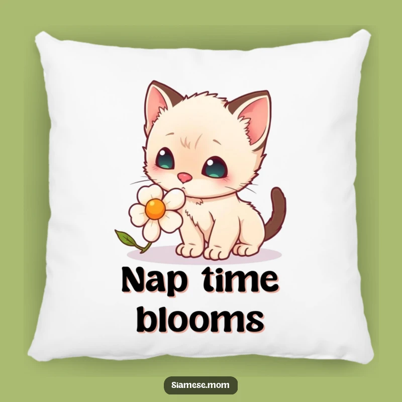 Funny Throw Pillow: Kawaii Siamese Kitten's Floral Exploration Comfort