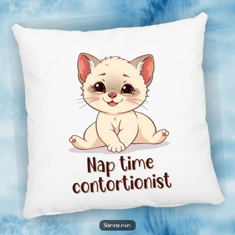 Funny Siamese cub stretching elegantly with a touch of mischief, a soft and decorative pillow for cozy, humorous living spaces.