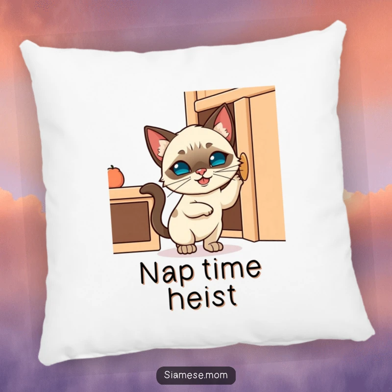Funny pillow featuring a cute Kawaii Siamese cat with a mischievous grin, trying to open a cabinet, designed for comfort and humor.