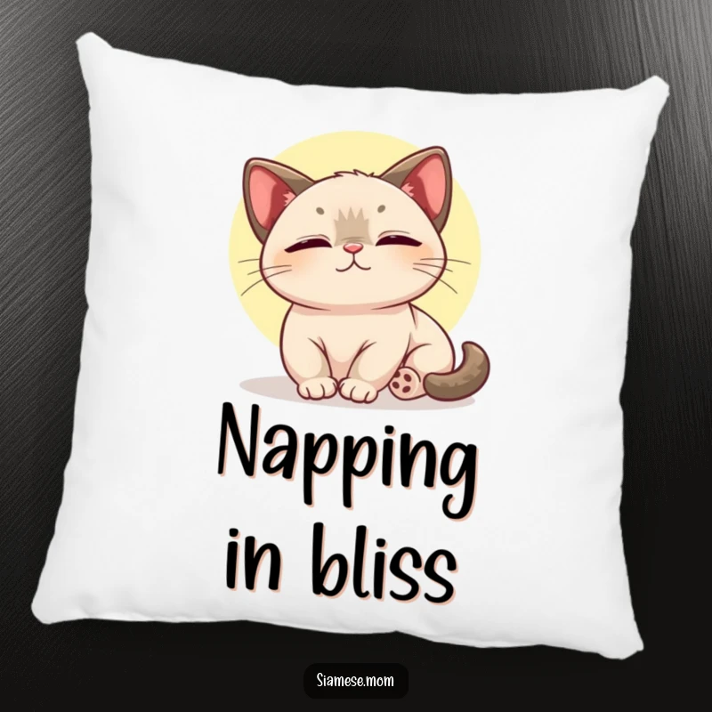Funny decorative pillow with a kawaii Siamese cat lounging blissfully in a sunbeam, offering ultimate comfort and cuteness.