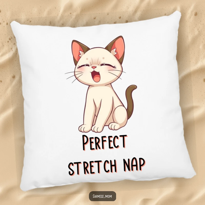 Funny Siamese Cat Pillow featuring a cute, slinky Siamese cat stretching and yawning, perfect for lounging.