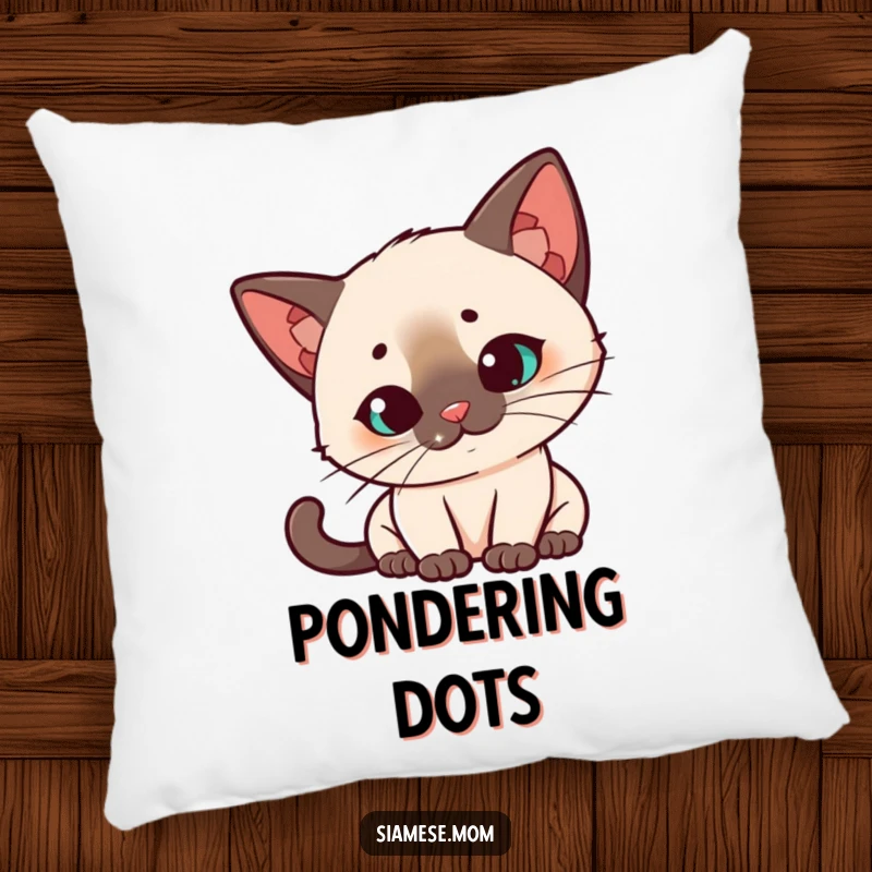 Funny Kawaii Siamese cat pillow, quizzical head tilt, intensely watching a red laser dot, a soft and humorous decorative item.