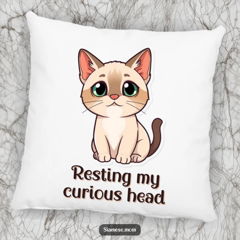 Funny decorative pillow featuring a kawaii Siamese cat with a curious head tilt, looking adorably perplexed.